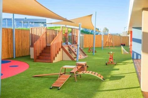 A childcare outdoor playground that has a wooden built  playground with climbing walls surrounded by grass. Daycare Setup, Education Design Interior, Kids Festival, Learning Preschool, Daycare Design, Playground Ideas, Preschool Programs, Montessori Preschool, Early Learning Centre