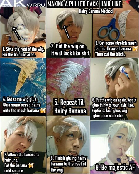 Making a Pulled Back Hair Line (Hairy Banana Method) Pulled Back Hair, Cosplay Wig Tutorial, Armor Cosplay, Drag Make-up, Fitness Shirts, Costume Tutorial, Diy Kostüm, Hair Line, Cosplay Armor