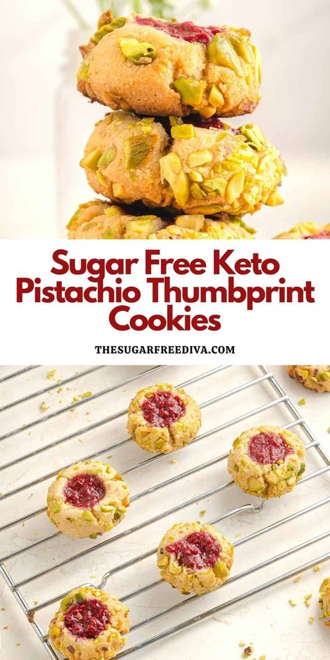 Sugar Free Keto Pistachio Thumbprint Cookies, a simple and delicious dessert recipe with no added sugar, Keto, Low carb, Gluten free Pistachio Thumbprint Cookies, Keto Pistachio, Pistachio Recipes Desserts, Sugar Free Banana Bread, Sugar Free Lifestyle, Pistachio Dessert, Sugar Free Peanut Butter, Sugar Free Jam, Paleo Gluten Free Recipes