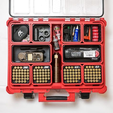 Packout Storage Ideas, Male Essentials, Milwaukee Packout Ideas, Milwaukee Tool Box Ideas, 350 Legend, Milwaukee Tool Box, 338 Lapua, Reloading Room, Gear Room