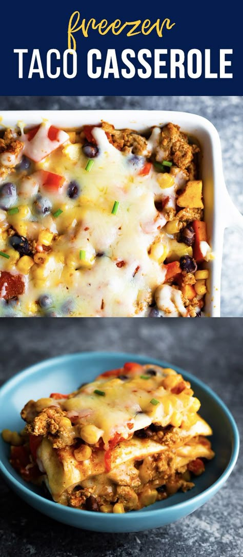 This healthier taco casserole can go directly from the freezer into the oven for an easy weeknight dinner! Family-friendly and super easy to prep. Healthier Casseroles, Freezer Taco Bake, Casserole Recipes Freezer Meals, Casserole Recipes To Freeze, Healthy Casseroles To Freeze, Make Ahead Taco Casserole, Freezer Taco Casserole, Healthy Taco Casserole, Freezer Casserole