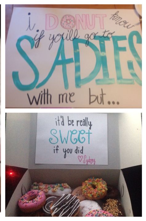 Sadies asking. My cute cousin made this and used Pink Box Donuts to match! Dance Proposal Ideas, Sadie Proposals Ideas, Sadie Hawkins Proposals, Sadies Proposal, Sadies Dance, Sadie Hawkins Dance, Cute Promposals, School Dance Ideas, Cute Prom Proposals