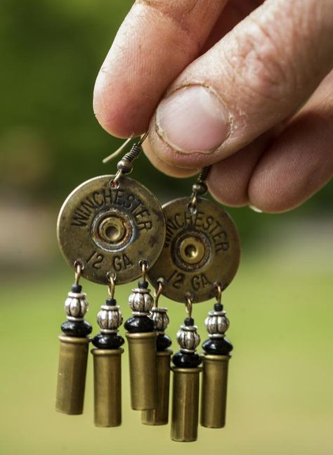 Artist’s work has place for almost everything - Spokesman.com - June 15, 2013 Clay Target Crafts, Shell Casings Crafts, Shotgun Shell Jewelry, Shotgun Shell Crafts, Bullet Casing Crafts, Bullet Crafts, Bullet Shell Jewelry, Bullet Casing Jewelry, Bullet Earrings