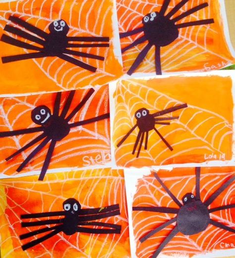 Halloween Art Lesson, Spiders, 1st grade art lesson, painting, collage www.ArtTeacherinLA.com Halloween Art Lessons, Grade 1 Art, First Grade Art, Halloween Art Projects, Art Project For Kids, Kindergarten Art Projects, October Art, Halloween Kunst, Fall Art Projects