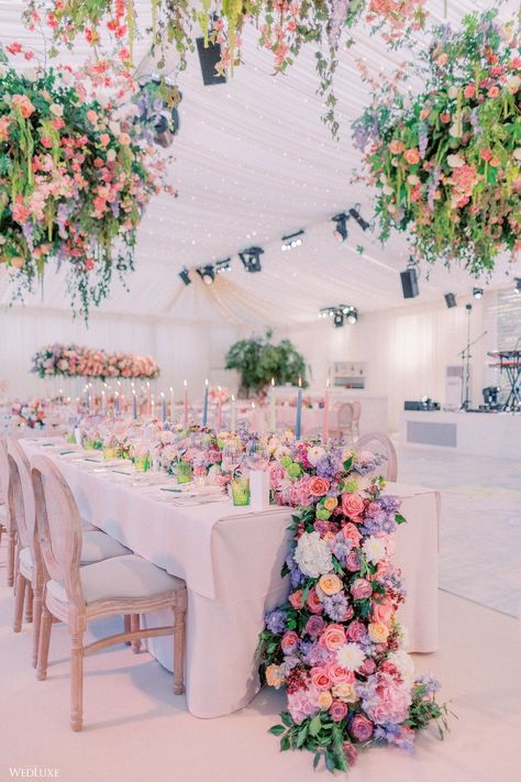 Whimsical Wedding Reception, Wedding Reception Flower Arrangements, Pink And Purple Wedding, Pastel Wedding Decorations, Indoor Wedding Receptions, Long Tables, Roses Peonies, Wedding Hall, Pastel Wedding