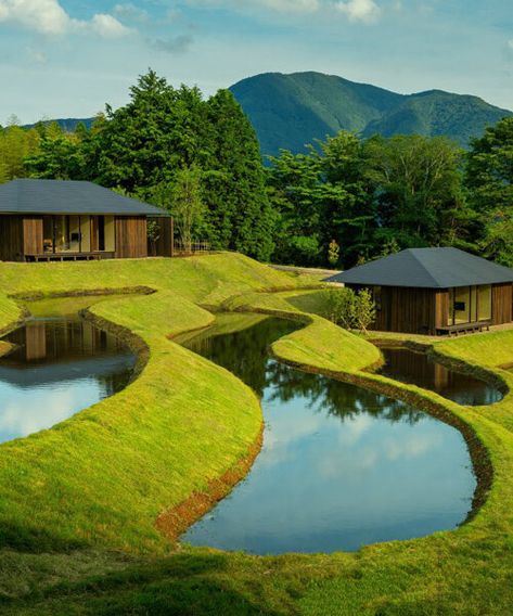 kengo kuma scatters hot spring hotel across sculpted rice terraces Water Hotel, Terraced Landscaping, Spring In Japan, Outdoor Baths, Hanalei Bay, Kengo Kuma, Rice Terraces, Small Buildings, Clear Blue Sky