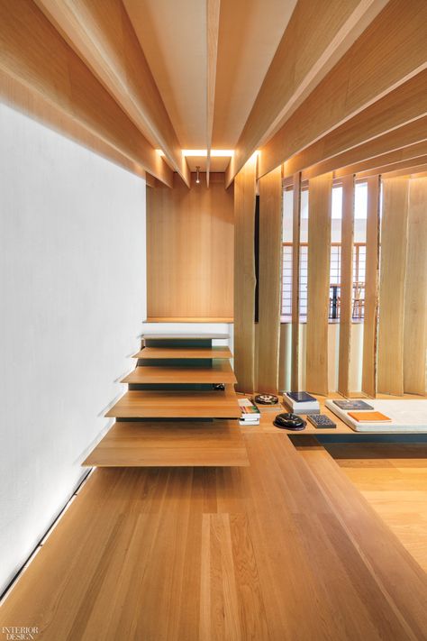 A new flight of oak steps connects the living room to the dining room, one level above. Kengo Kuma Interior, Kengo Kuma Architecture, Shoji Sliding Doors, Lebbeus Woods, Daniel Libeskind, Richard Meier, Louis Kahn, Steven Holl, Rem Koolhaas