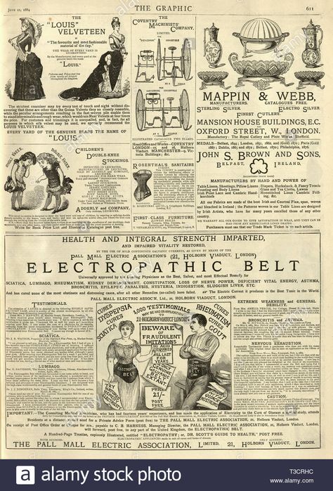 Page of victorian adverts from the Graphic Illustrated Newspaper, 1884, 19th Century. Electropathic belt Stock Photo 19th Century Advertising, Victorian Newspaper Aesthetic, 19th Century Newspaper, 19th Century Poster, Victorian Newspaper Illustration, 19th Century Graphic Design, Victorian Stationary, Victorian Sketches, Victorian Newspaper