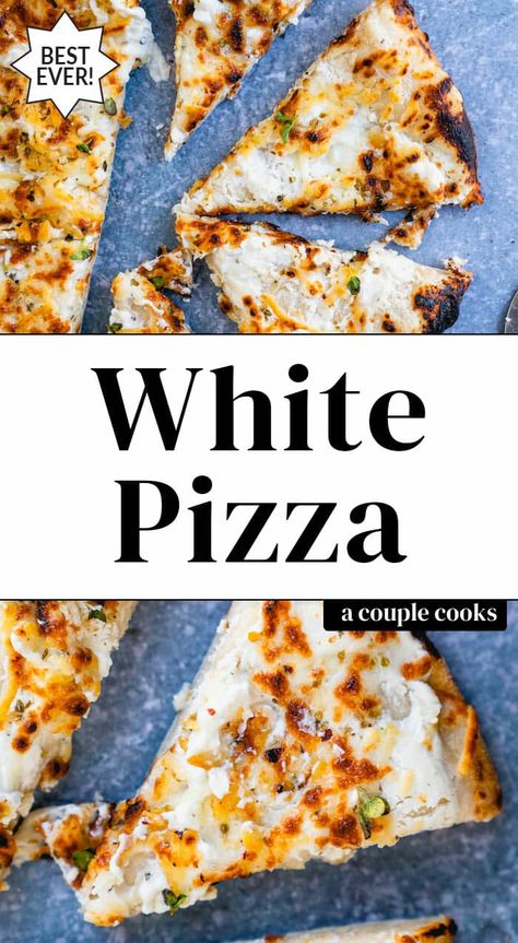 This three cheese white pizza (pizza bianca) is an explosion of flavor: creamy ricotta, stretchy mozzarella and savory Parmesan cheese! #whitepizza #pizzabianca #howtomakewhitepizza #pizza Ricotta Pizza, Fennel And Orange Salad, White Pizza Recipes, Winter Salad Recipes, Pizza Bianca, Best Pizza Dough, Pizza Base, White Pizza, Vegetarian Cookbook