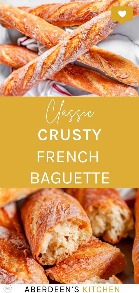 Did you know there are only 4 ingredients needed to make these Classic Crusty French Baguettes? Just 4! Baking flour, salt, yeast, and water. Try them today! Super easy French Bread Baguette, Classic Bread Recipes, Easiest Homemade Baguettes, Quick Easy French Bread Recipe, Quick And Easy Baguette Recipe, Baguette Recipe Videos, Easy Baguette Recipe Instant Yeast, Fast Baguette Recipe, Same Day Baguette Recipe