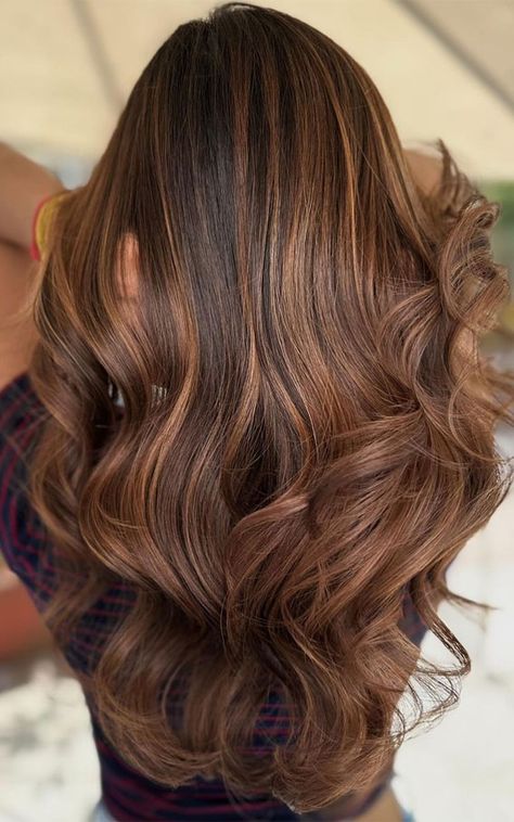 Dark Brown Hair With Light Brown, Copper Chocolate Brown Hair, Golden Balayage On Dark Hair, Brown Hair With Copper Balayage, Chocolate Hair With Highlights, Hair Colour For Brown Skin, Soft Autumn Hair Color, Rich Chocolate Brown Hair Color, Warm Brunette Balayage