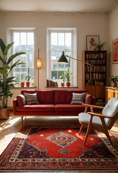 A bold red rug can change everything! Discover 25 stylish living room ideas that will make your space look fresh, chic, and utterly inviting. Red Accent Rug, Pops Of Red Living Room, Red Bohemian Living Room, Mid Century Modern Living Room Red Rug, Living Room Ideas With Red Couch, Living Room White Carpet, Decor With Red Couch, Red Home Accents, Red Couch Interior Design