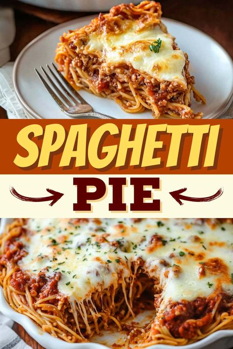 This easy spaghetti pie features a unique pasta "crust" with layers of creamy ricotta and tangy red sauce. It's a comforting dinner the whole family will love! Leftover Spaghetti Pie, Quick Comfort Food Dinners, Recipe Using Spaghetti Sauce, Spaghetti Pie Recipe Easy, Quick Dinner Ideas For Family, Spaghetti Meals, Spaghetti Bake Recipe, Spaghetti Pie Recipe, Baked Spaghetti Pie