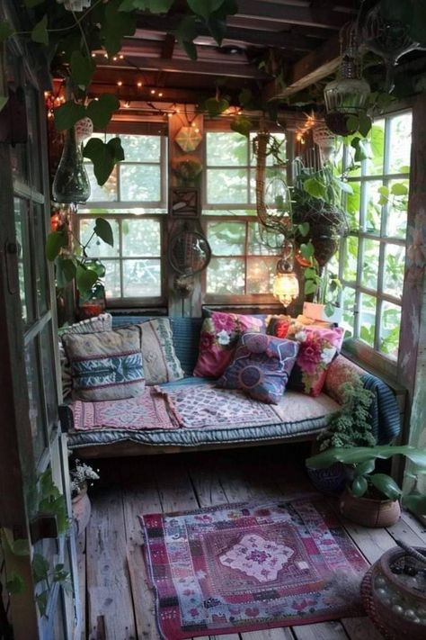 Meditation Shed, Quiet Room Ideas, She Shed Ideas Interior, Shed To Home, Greenhouse Shed Combo, Cozy Window Nook, Garden Office Shed, Garden Shed Interiors, Garden Shed Ideas