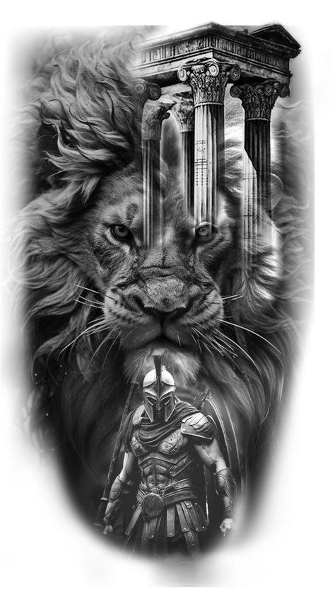 Warrior Lion Tattoo, Lion Tattoo Shoulder, Gladiator Tattoo Design, Greece Tattoo, Warrior Of God, Egypt Tattoo Design, Warrior Tattoo Sleeve, Arm Tattoos Drawing, Gladiator Tattoo