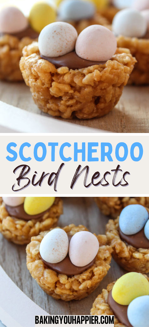 Scotcheroo Bird Nest Bites, the cutest little bite size bird nest cookies that taste like Scotcheroos and are fun for kids to make at Easter! Bird Nests Recipe, Easter Nest Cookies, Egg Nest Cookies, Easter Cookies For Kids, Birds Nest Rice Crispy Treats, No Bake Bird Nest Cookies, Bird Nest Cookies Pretzels, Easter Nest Treats, No Bake Cadbury Birds Nest Cookies