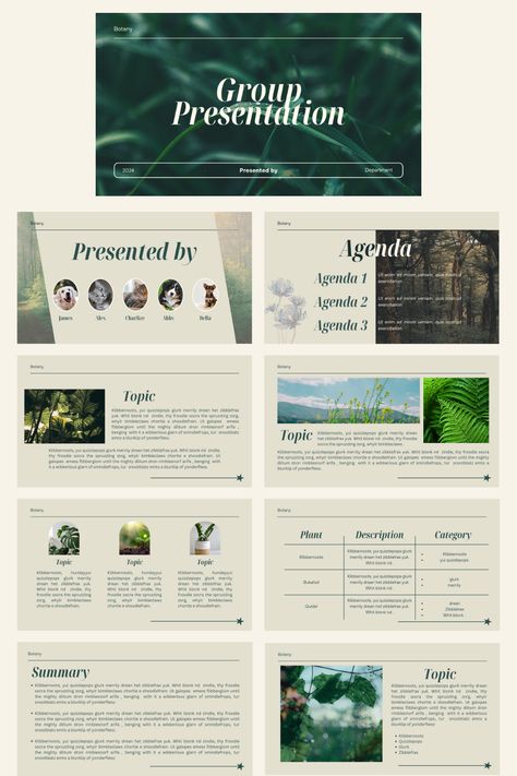 This clean and minimal template is perfect for creating presentations about nature. The muted colors and simple design will help your content stand out, and the included illustrations will add a touch of visual interest. Use this template to create presentations for your next environmental science class, or for a presentation about your favorite national Minimalist Green Aesthetic, Aesthetic Ppt, Canva Presentation Template, Canva Presentation, Greenery Plants, Green Marketing, Nature Presentation, Green Palette, Ppt Design