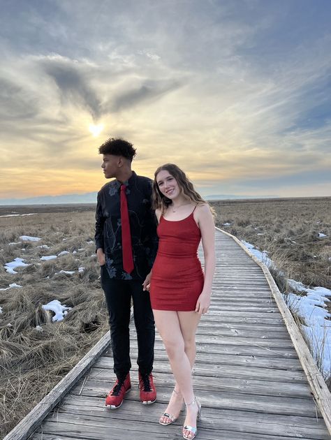 Dark Red Hoco Couple, Homecoming Couples Outfits Red, Black And Red Hoco Couple, Black And Red Hoco, Red And Black Hoco Couples, Red Homecoming Couple, Black Matching Couple Outfits, Matching Hoco Couple, Red Hoco Couple