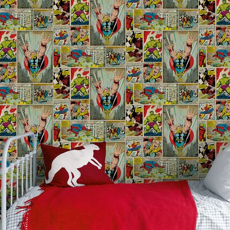 Marvel Comic Strip Wallpaper | Kids Wallpaper | Marvel Marvel Home Decor, Strip Wallpaper, Comic Room, Wallpaper Marvel, Stripped Wallpaper, Wallpaper For Bedroom, Home Decor Wallpaper, Wallpaper Kids, Design Comics