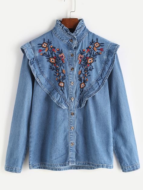 Embroidered Denim Shirt, Blue Long Sleeve Shirt, Denim Shirts, Waffle Knit Sweater, Muslim Fashion Outfits, Denim Blouse, Flutter Sleeve Top, Embroidered Denim, Women Blouses