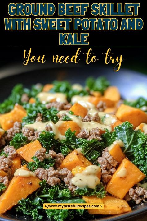 Enjoy a comforting meal in a snap! This beef, sweet potato, and kale skillet is not only simple to make but also bursting with flavor. It's a delightful blend of textures and tastes that will warm your soul. Kale Skillet, Sweet Potatoes And Kale, Ground Beef Skillet, Potatoes And Kale, Sweet Potato And Kale, Beef Skillet, Ground Beef Seasoning, Recipes Using Ground Beef, Healthy Ground Beef