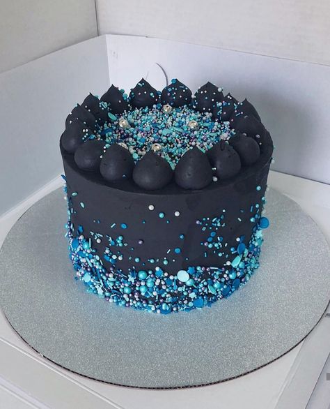 Black cake Black Cake With Sprinkles, Black And Blue Birthday Cake, 14th Birthday Cakes Boy, Birthday Cake For Teen Boy, Cake For Teen Boy, Black And Blue Cake, Blue And Black Cake, Purple And Black Cake, Masculine Birthday Cake