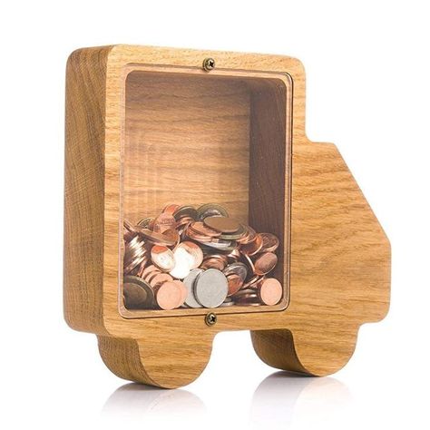 Wood Piggy Bank, Toy Money, Wooden Piggy Bank, Wooden Money Boxes, Wooden Truck, Tip Jar, Small Woodworking Projects, Kids Wooden Toys, Personalized Gifts For Kids