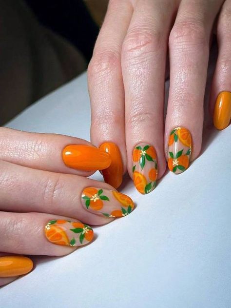 Orange Flower Nails, Summer Nails Fruit, Nail Art Creative, Fruit Nail Designs, Boring Nails, Bella Nails, Orange Nail Designs, Small Nails, Nails Salon