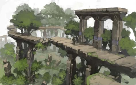 Video Game Landscape Concept Art, Video Game Architecture, Ffxiv Concept Art, Final Fantasy Environment, Ruin Concept Art, Bridge Concept Art, Video Game Environment, Ruins Concept Art, Bridge Concept