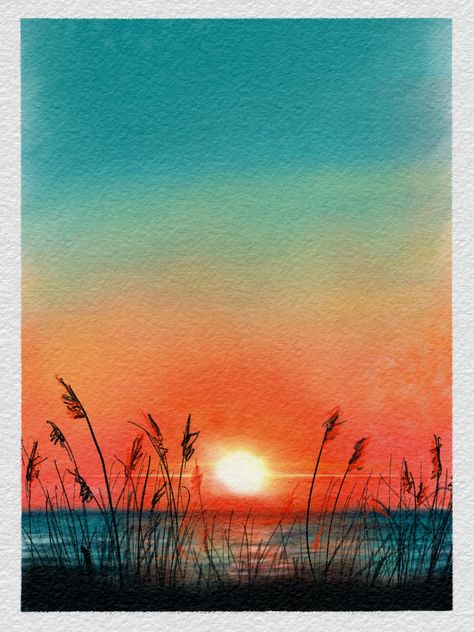 Digital sketchbook day 25 using procreate #digitalart Simple Art Ideas, Landscape Drawing Ideas, Canvas Landscape Painting, Sunset Seascape, Canvas Landscape, Watercolor Sunset, Digital Watercolor, Painting Tutorial, Landscape Painting