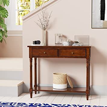 Knocbel 35in Narrow Sofa Console Table with 2 Storage Drawers and Bottom Open Shelf, Entryway Hallway Foyer Table (Cherry) Narrow Console Table Entryway, Sofa Table With Drawers, Sofa Table With Storage, Console Table Entryway, Solid Wood Sofa, Wood Sofa Table, Console Table With Drawers, Entrance Table, Narrow Console Table