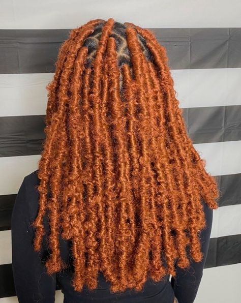 color 350 distressed faux locs (diva locs @cydneyonthebeat) #haircut #hairstyles #hair Orange Butterfly Locs Black Women, Orange Butterfly Locs, Orange Faux Locs, Ginger Faux Locs Black Women, Ginger Butterfly Locs, Red Faux Locs, Orange Hair Color Ideas, Faux Locs Colored, Ginger Locs