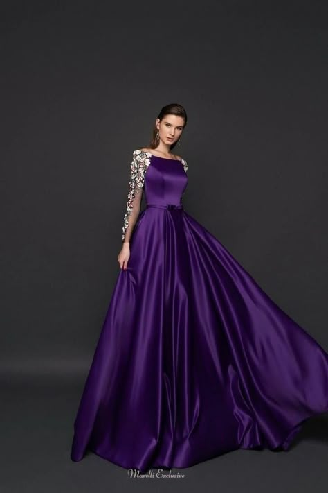 Transparent Sleeves, Luxurious Dresses, Simple Gowns, Satin Evening Dresses, Evening Dresses With Sleeves, Royal Dresses, Purple Outfits, Long Sleeve Casual Dress, Christmas Party Dress