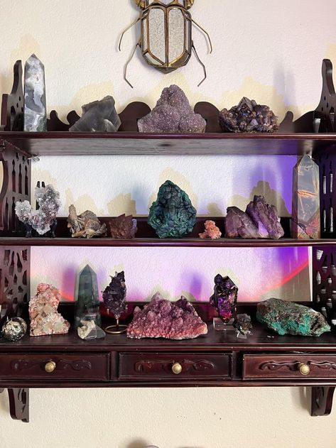 Gemstone Collection Display, Crystal Set Up, Diy Crystal Display, Crystal Collection Aesthetic, Crystal Altar Ideas, Geode Display, Crystal Collection Display, Crystal Display Shelf, Rock Display