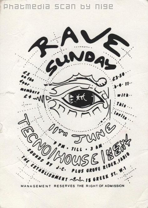 Rave Sunday 1989 June - Early Rave Flyers Old Rave Flyers, Pragmatic Utopia, Rave Poster, Acid House Rave, Rave Flyer, Music Vibe, Dj Event, Event Posters, Ticket Design