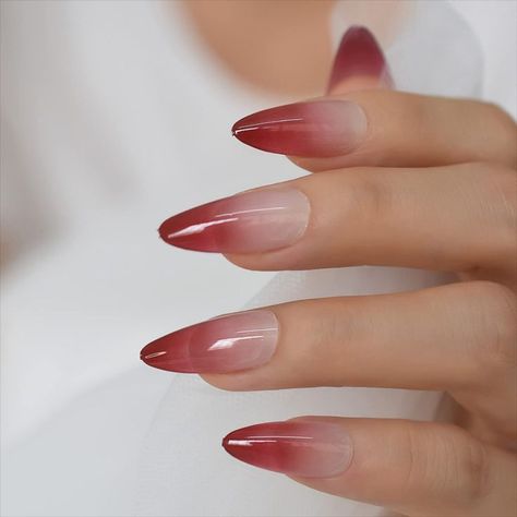 ELEVENAIL Medium Length Almond Press on False Nails Red Gradient French Fake Nails Salon Manicure Reusable Nails Art Tips DIY at home Ombre French Tip, Kiss Press On Nails, Nail White, Nails Gradient, Pink French Nails, Pink Chrome Nails, Long Almond, Long Press On Nails, Fantasy Nails