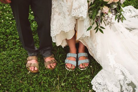 "Hey baby, should we wear our birkenstocks to get married today?" #coolbride and #groom truly living up to their barn wedding vibes! Birkenstocks Wedding Shoes, Wedding Dress With Birkenstocks, White Birkenstocks Wedding, Bride Birkenstocks, Wedding Birkenstocks Bride, Birkenstock Wedding Shoes, Birkenstock Wedding, Wedding Birkenstocks, Dress With Birkenstocks