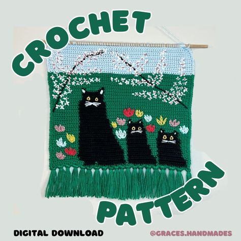 Halloween Crochet Tapestry, Cat Tapestry Crochet, Megan Core, Three Black Cats, Knit Gifts, Maud Lewis, Blocking Mats, Crochet Charts, Large Tapestries