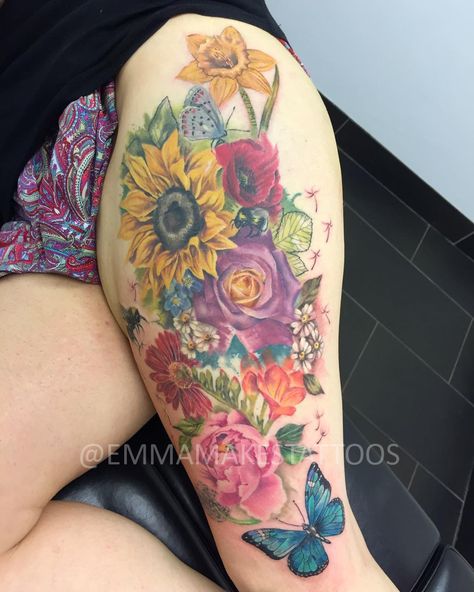 Colorful Thigh Tattoo Women, Bright Floral Tattoo, Bright Flower Tattoos For Women, Bright Color Flower Tattoo, Vibrant Floral Tattoo, Best Feminine Tattoos, Ankle Tattoo Ideas, Butterfly With Flowers Tattoo, Cover Up Tattoos For Women