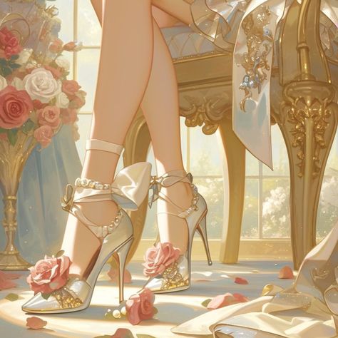 Manhwa Heels, Pink High Heels Outfit, Anime Heels, Manhwa Shoes, Aesthetic Illustrations, High Heels Outfit, Fairy Shoes, Heels Aesthetic, Dress Design Drawing