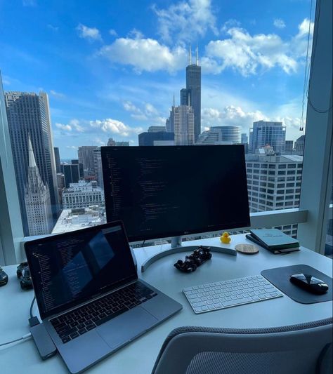 #aesthetic #city #cityscape #computer #school #coding #sky Home Office Set Up, Office Aesthetic, Apartment View, Career Vision Board, Internet Radio Station, Aesthetic City, Fancy Houses, Luxury Marketing, Work Motivation