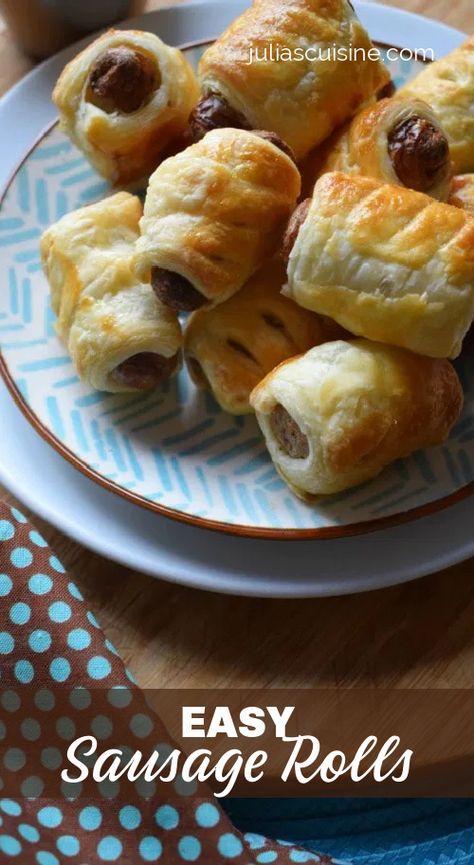 One of the easiest party appetizers you will ever make! Using just three ingredients and put together in no time at all, these Easy Sausage Rolls are sure to be a party hit for all ages. One Pan Cake, Easy Sausage Rolls, Easiest Appetizers, Quick Appetizer Recipes, Homemade Sausage Rolls, Sausage Rolls Recipe, Homemade Appetizer, Pan Cake, Easy Chocolate Cake