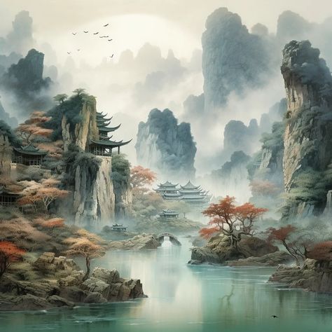 A beautiful landscape painting in the style of Chinese art. The painting depicts a mountain valley with a river running through it. The mountains are covered in mist and the trees are in full bloom. There are several buildings on the banks of the river, including a temple and a pavilion. The painting is done in muted colors and has a very peaceful and serene feeling to it. Fantasy China Landscape, Chinese Mountain Art, Traditional Chinese Art Landscape, Chinese Mountain Painting, Chinese Palace, Chinese Mountains Painting, Chinese Mountains, Chinese Landscape Painting Horizontal, Beautiful Landscape Paintings