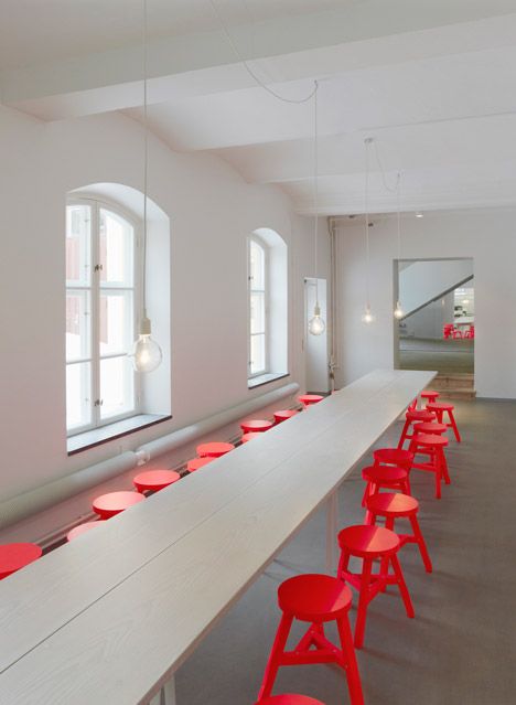 Red Chairs, Communal Table, Red Chair, Showroom Design, Empty Room, Long Table, Hospitality Design, Commercial Interiors, Inspiration Board