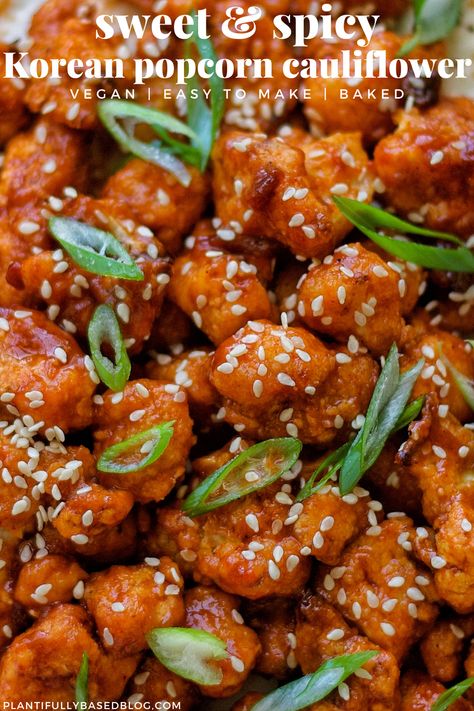 Popcorn Cauliflower, General Tso's Cauliflower, Sesame Cauliflower, Resep Vegan, Crispy Cauliflower, Spicy Cauliflower, Cauliflower Wings, Vegan Mozzarella, Spicy Korean