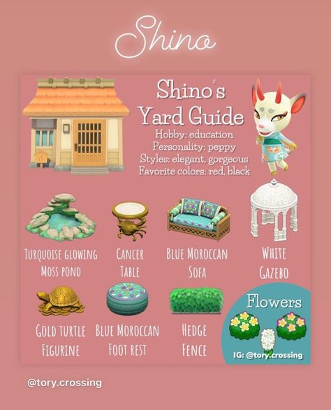 Shino Yard Guide, Acnh Blanche Yard, Popular Acnh Villagers, Acnh Vivian Yard Guide, Shino Gifts Guide Acnh, Acnh Chrissy Yard, Shino Acnh Yard, Acnh Villagers Yard Guide, Shino Yard Acnh