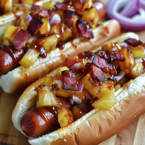 Delicious Hawaiian Hot Dog Recipe With Pineapple And Bacon - My Home Made Recipe Hawaiian Hot Dogs Recipe, Asian Hot Dog Recipe, Shoyu Hot Dogs, All Beef Hot Dogs, Soft Hot Dog Buns, Hot Dogs With Peppers And Onions, Recipe With Pineapple, American Hot Dogs, Hot Dog Recipe