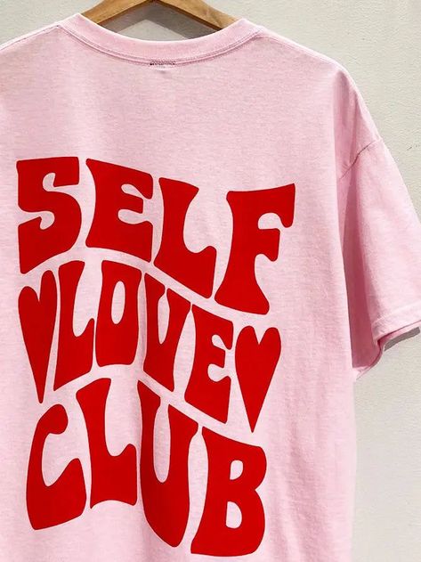 Elevate your style game with our Self Love Club Tee! Designed with precision, this tee is a must-have for fashionistas who want to rock their confidence. Available in perfectly sized S/M, this trendy piece will make you feel fabulous every time you wear it. Stand out from the crowd and embrace self-love with this unique addition to your wardrobe. #SelfLoveFashion #TrendyTees #ConfidenceBoost Graphic Word Tee, Text Tee Shirt, Text On T Shirt, Valentines Graphic Tees, Text Graphic Tee, Text T Shirt Designs, Graphic Tee Illustration, Self Love Shirts, T Shirt Text Design Ideas