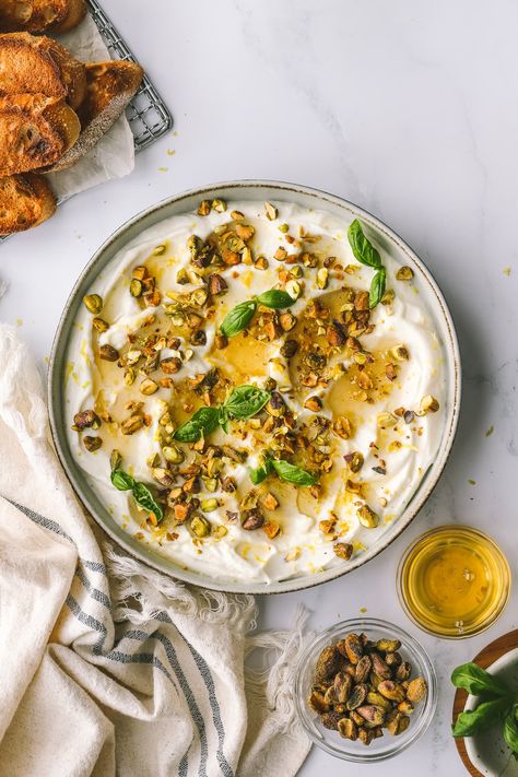 Spring Whipped Ricotta Dip with Honey & Pistachios Whipped Ricotta With Honey And Pistachios, Ricotta Honey Dip, Ricotta Dip With Honey, Whipped Ricotta With Honey, Honey Whipped Ricotta, Ricotta Dip Recipes, Whipped Ricotta Dip, Pistachio Dip, Fun Appetizers