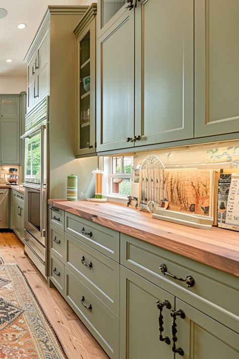 Discover 30 captivating ideas for sage green kitchen cabinets that embody the essence of a modern farmhouse. These cabinets strike a harmonious balance between contemporary allure and rustic charm, infusing your kitchen with a soothing and refined ambiance. Whether you're drawn to a cozy farmhouse atmosphere or a sleek modern design, these inspirational cabinet ideas will ignite your creativity for your next kitchen renovation. Sage Green Cabinets Wood Counter, Sage Kitchen White Cabinets, Sage Green Kitchen Wood Counter, Sage Green Kitchen Cabinets Terracotta Floor, Sage Green Pantry Shelves, Craftsman Kitchen Painted Cabinets, Colonial Style Kitchen Cabinets, Colored Stained Cabinets, Renovating Kitchen Cabinets